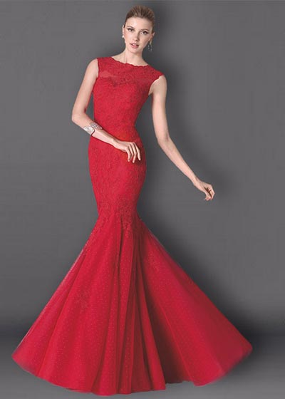 שמלת תחרה ארוכה אדומה TP406